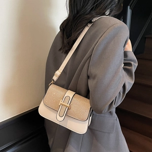 Chic cream leather handbag with gold H-buckle and textured woven flap for women