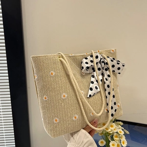 Women Straw Woven Tote Bag Daisy Embroidery Polka Dot Bow Ribbon Summer Beach Vacation Handbag Casual Shoulder Bag