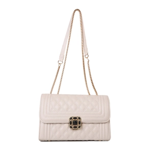 Elegant off-white quilted chain shoulder bag with vintage gold metal clasp