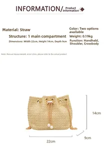 Detail view of woven straw bucket bag with pearl drawstring and golden chain strap specs
