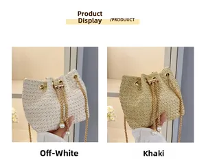Detail of woven bucket bags with gold chain straps and pearl drawstring accents