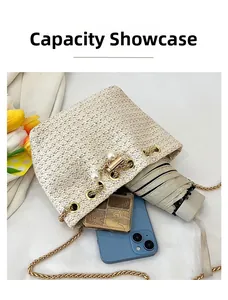 Woven straw bucket bag interior view showing large storage capacity for daily essentials