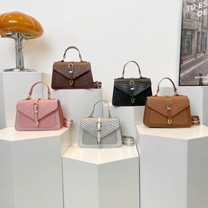 Retro croco embossed color-block shoulder bag set in pink, grey, brown, black and tan
