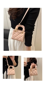 Detailed views of pink quilted mini handbag with gold hardware and top handles