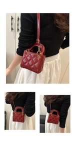 Close-up of wine red patent leather mini bag with classic quilted lattice pattern