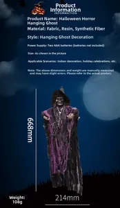 Detail showing Halloween skeleton witch ghost specs: 668mm height with purple tattered robes
