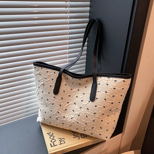 Sac Cabas de Mode pour Femmes Grande Capacité Imprimé Nœud Texture Froissée Tissu Composite Sac à Épaule Doux Décontracté pour Navette