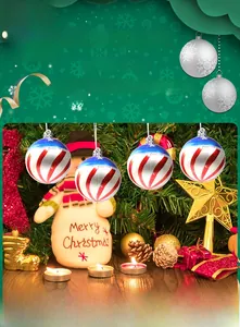 Close-up of red white and blue striped Christmas ornaments with silver glitter detail