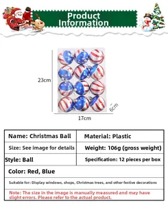 Detail of 12-piece American flag style Christmas ornaments with size specifications