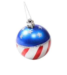 Detail of USA flag themed Christmas ornament with blue stars and red white stripes