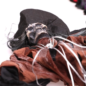 Hanging Halloween skeleton witch prop with tattered clothes and hat for party decor