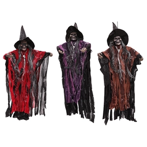 Three Halloween hanging skeleton witches in red, purple, and brown for party decoration