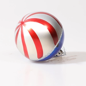 Patriotic Christmas ball ornament with red silver stripes and royal blue finish