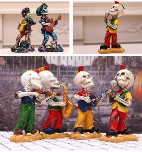 Detailed macro view of colorful skeleton rock band figurines for Halloween table decor
