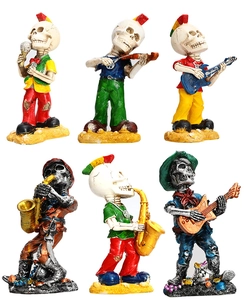 Detailed close-up of a 6-piece punk skull skeleton band set with colorful mohawk hair