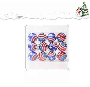 Detailed set of 12 US flag style Christmas hanging balls in a clear display box