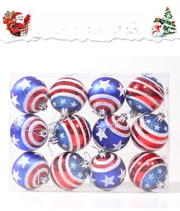 Detail of 12pcs patriotic Christmas ornaments with stars and stripes in a clear box