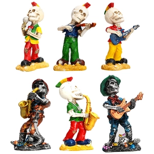 Six-piece rock band skeleton figurine set with resin punk style decor and instruments