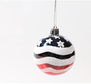 Detail of US flag bauble with blue stars and red stripes on a glossy surface