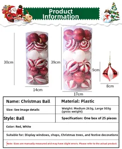 Size chart for 25pcs red and white Christmas ball set with dimensions and material specs