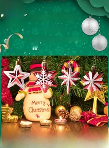 Detailed view of red and white glitter star ornaments with festive Christmas tree background