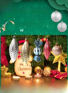 Detailed Christmas tree ornaments with leaf, candy, and droplet shapes in vibrant colors