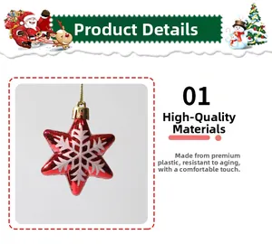 Detail of red Christmas star ornament with white snowflake patterns and gold hanging string