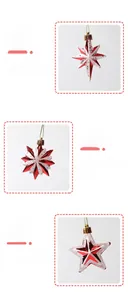 Detail of red and white striped star ornaments with sequins and gold hanging string