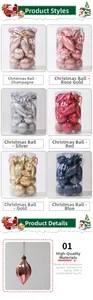 Detail of assorted Christmas tree ornaments in various shapes within a clear tube gift box