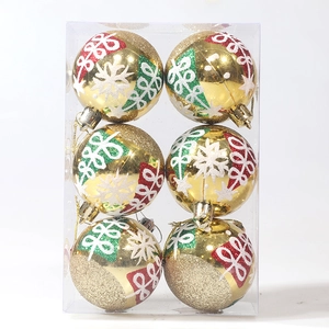 Set of 6 gold Christmas ornaments with hand-painted snowflakes and glitter finish