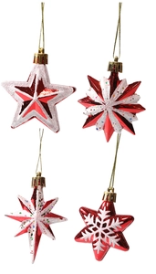 Detail of red and silver Christmas star ornaments with glitter and snowflake patterns