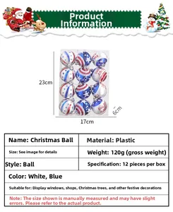 Detail view of 12-piece patriotic star and stripe Christmas ball ornaments in a clear box