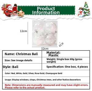 Detailed size chart and specifications for the transparent plastic Christmas ball set