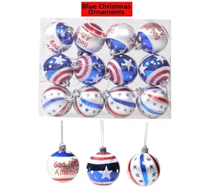 Detail view of American flag Christmas ornaments with red blue and white star patterns