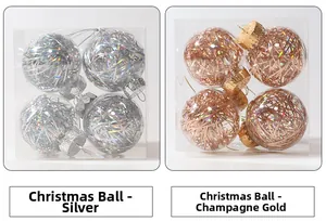 Detail of transparent PET Christmas balls with glittery tinsel filler in silver and gold