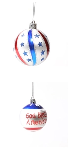 Macro view of God Bless America ornaments with blue glitter stars and stripes