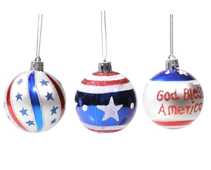 Set of 3 patriotic Christmas balls with American flag stars and God Bless America script