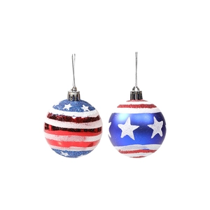 Glittery Independence Day hanging ball ornaments with American flag stars and stripes pattern