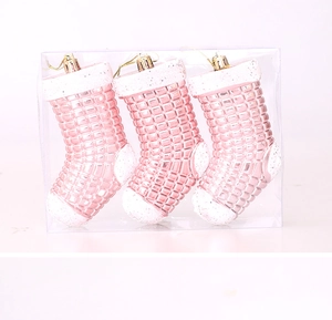 Three-piece set of pink glitter Christmas stocking ornaments with metallic texture