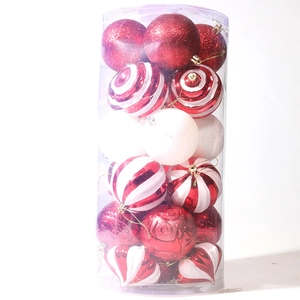 25-pack red and white Christmas ball ornaments with glitter and patterns in a tube