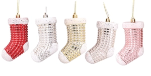 Detailed view of five-piece set plaid Christmas stocking pendants with white glitter accents