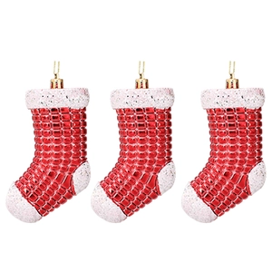Set of 3 shiny red electroplated Christmas stocking ornaments with white glitter accents