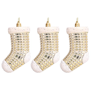 Three golden Christmas stocking ornaments with grid texture and white glitter accents