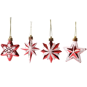 Set of four red and white star Christmas tree ornaments with glitter snowflake patterns