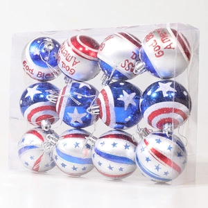 Set of 12 US flag themed Christmas ball ornaments with God Bless America text