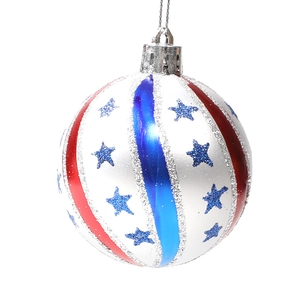 White Christmas ornament ball with red blue stripes and glittering stars for holiday trees