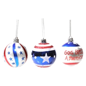 Three USA themed Christmas ornaments with God Bless America text and glitter stars