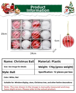 Detailed view of red striped and white snowflake Christmas balls with size specifications