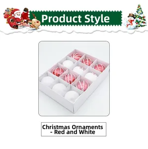 Set of 12 red and white painted Christmas balls with snowflakes in a grid box