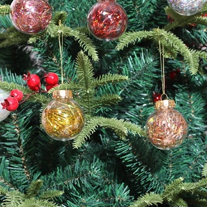 Set of 4 transparent Christmas balls filled with glitter silk on a pine tree branch